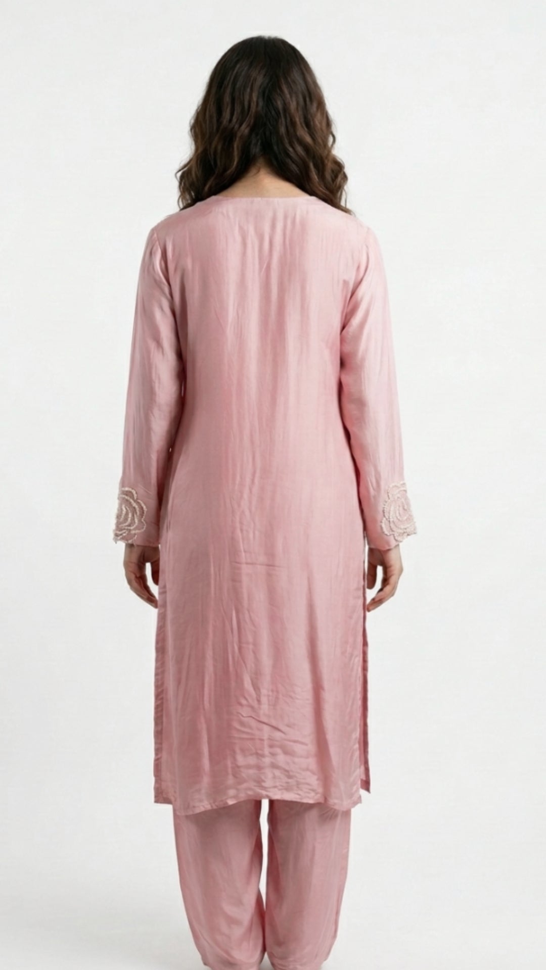 Peach Soft Organza Suit with Moti & Cutdana Detailing