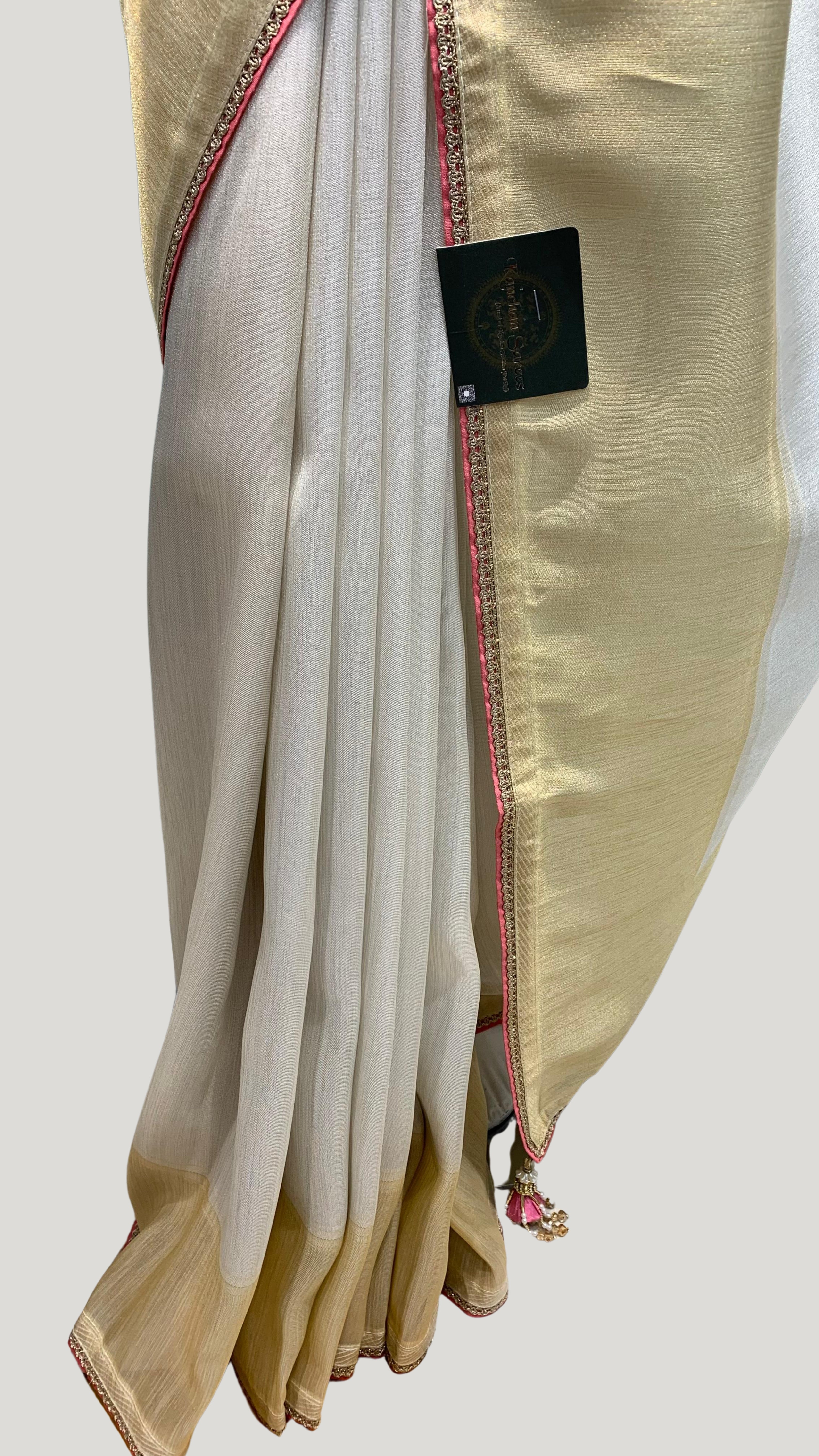 Ivory Silk Saree with Stitched Blouse and Zari, Cutdana & Sequins Work