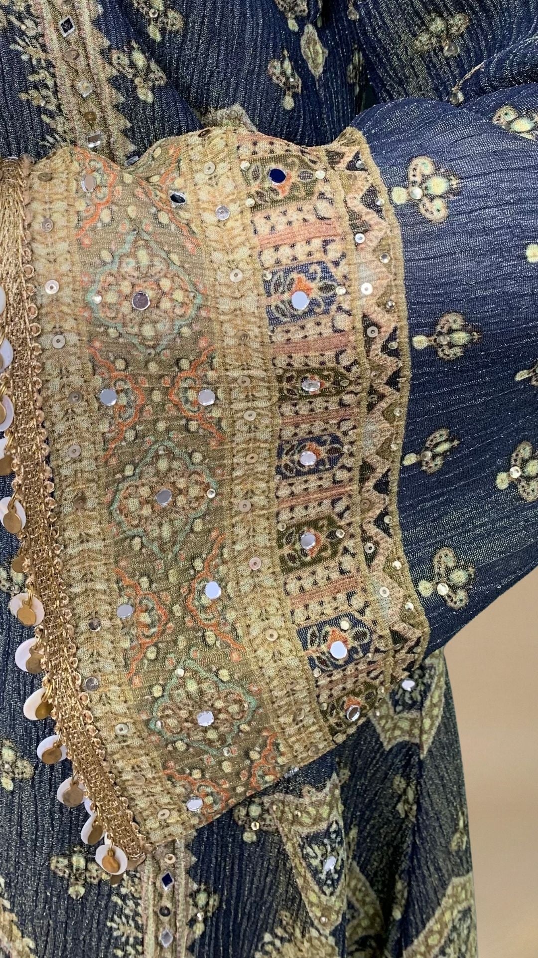 Stylish Blue Wrinkle Tissue Digital Printed Suit with Mirror Detailing and Palazzo