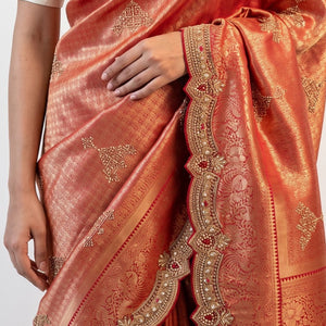 Rani Banarasi Silk Unstitched Saree with Dupatta Embellished with Thread & Stone Work