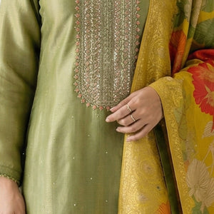 Green Tissue Suit Set with Cutdana, Sequins, Bead & Dabka Detailing