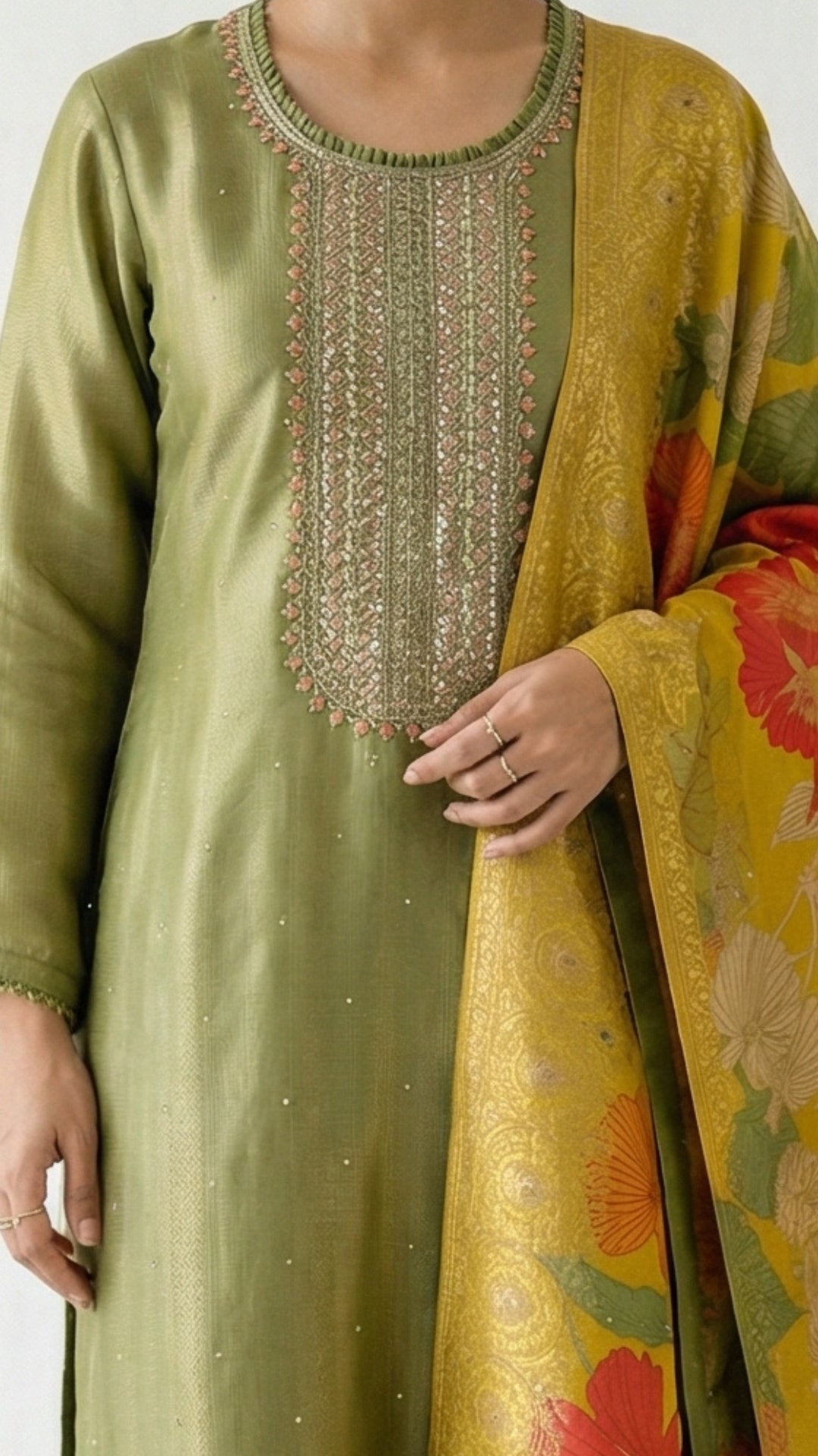 Green Tissue Suit Set with Cutdana, Sequins, Bead & Dabka Detailing