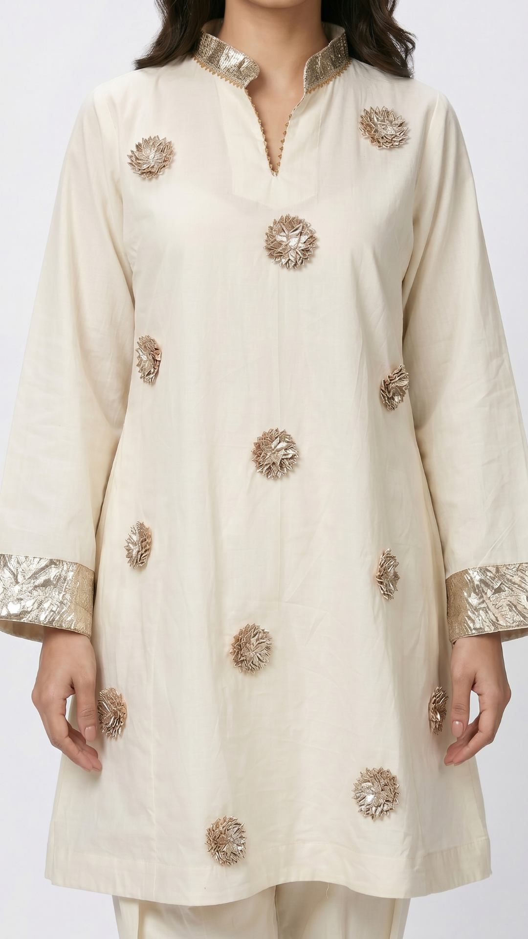 White Cotton Coord Set with Golden Gota Work