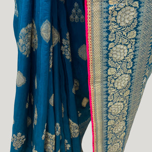 Blue Banarasi Silk Saree with Stitched Pink Blouse and Weaving Work