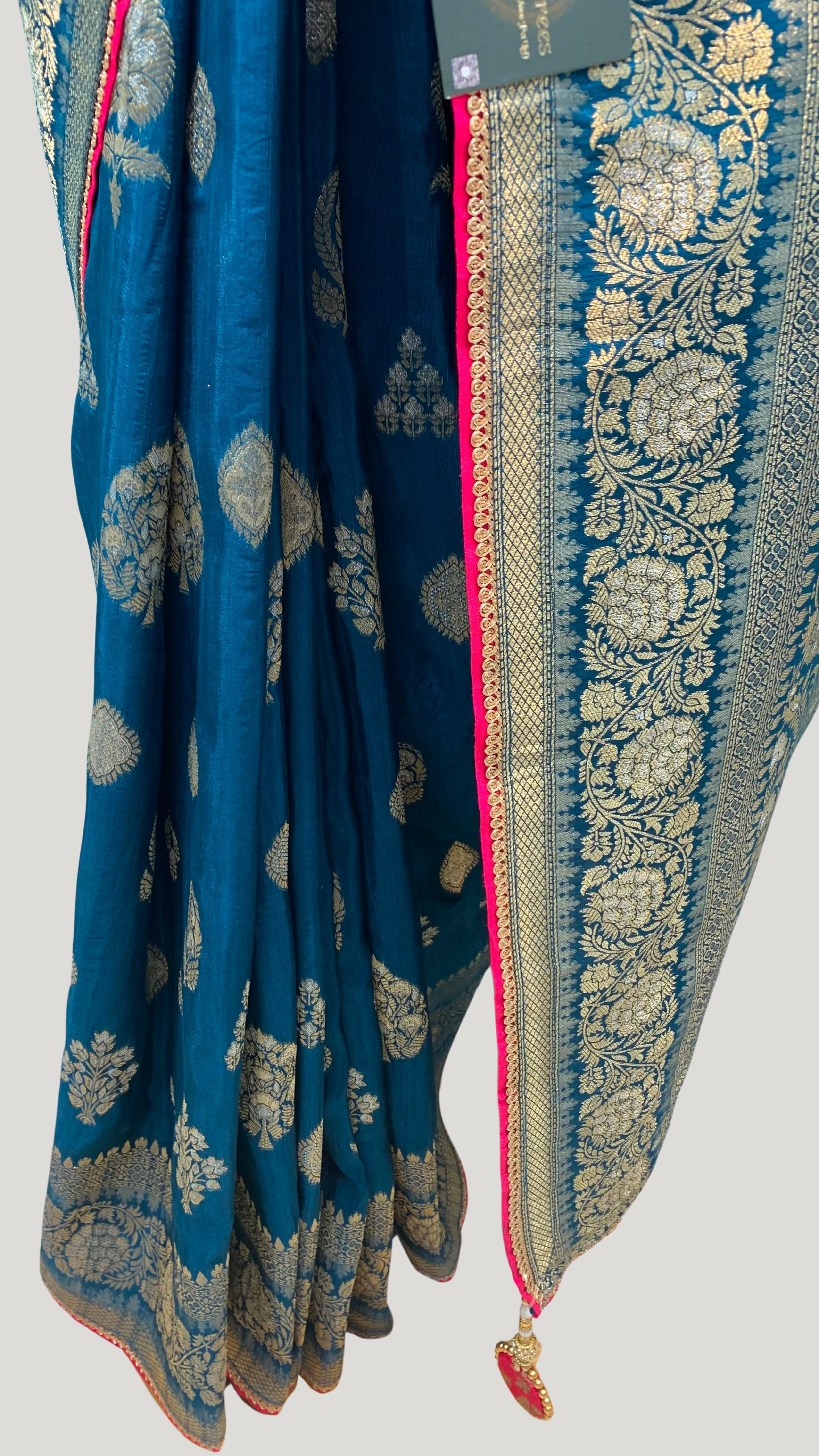 Blue Banarasi Silk Saree with Stitched Pink Blouse and Weaving Work