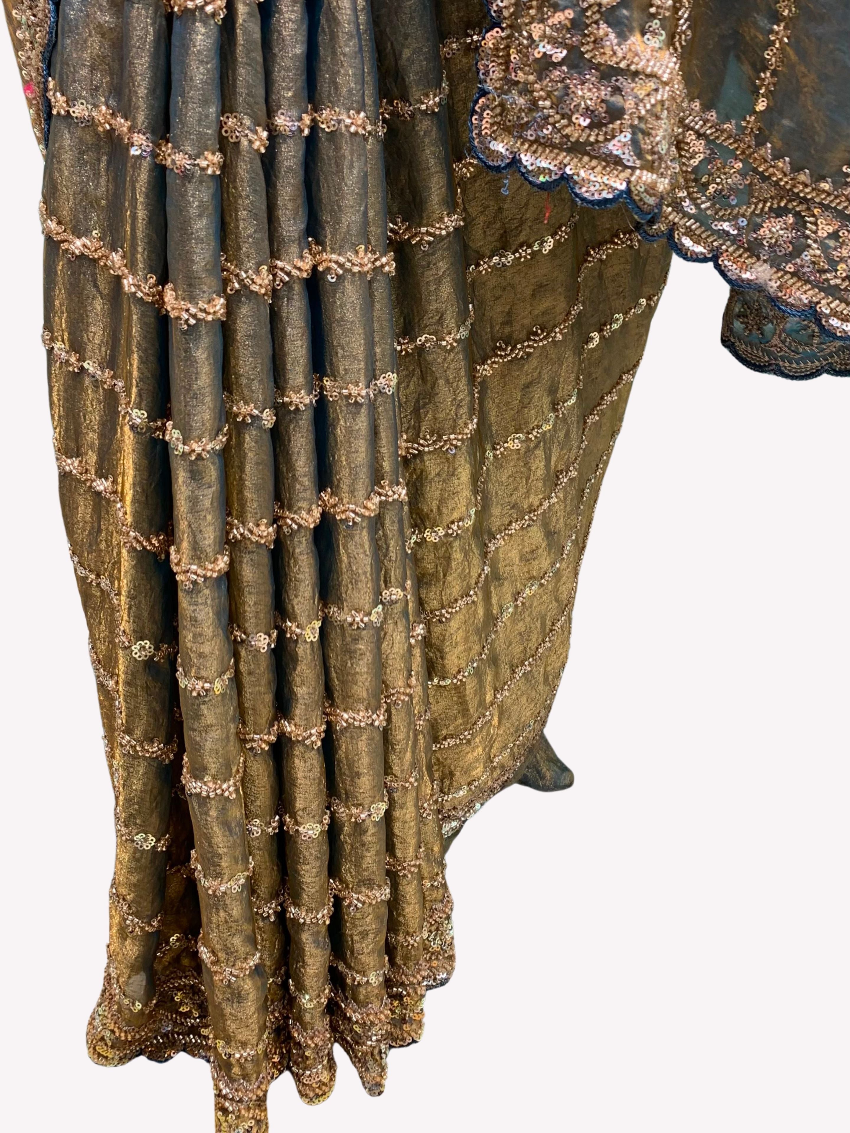 Olive Tissue Unstitched Saree Embellished With Sequins & Cutdana