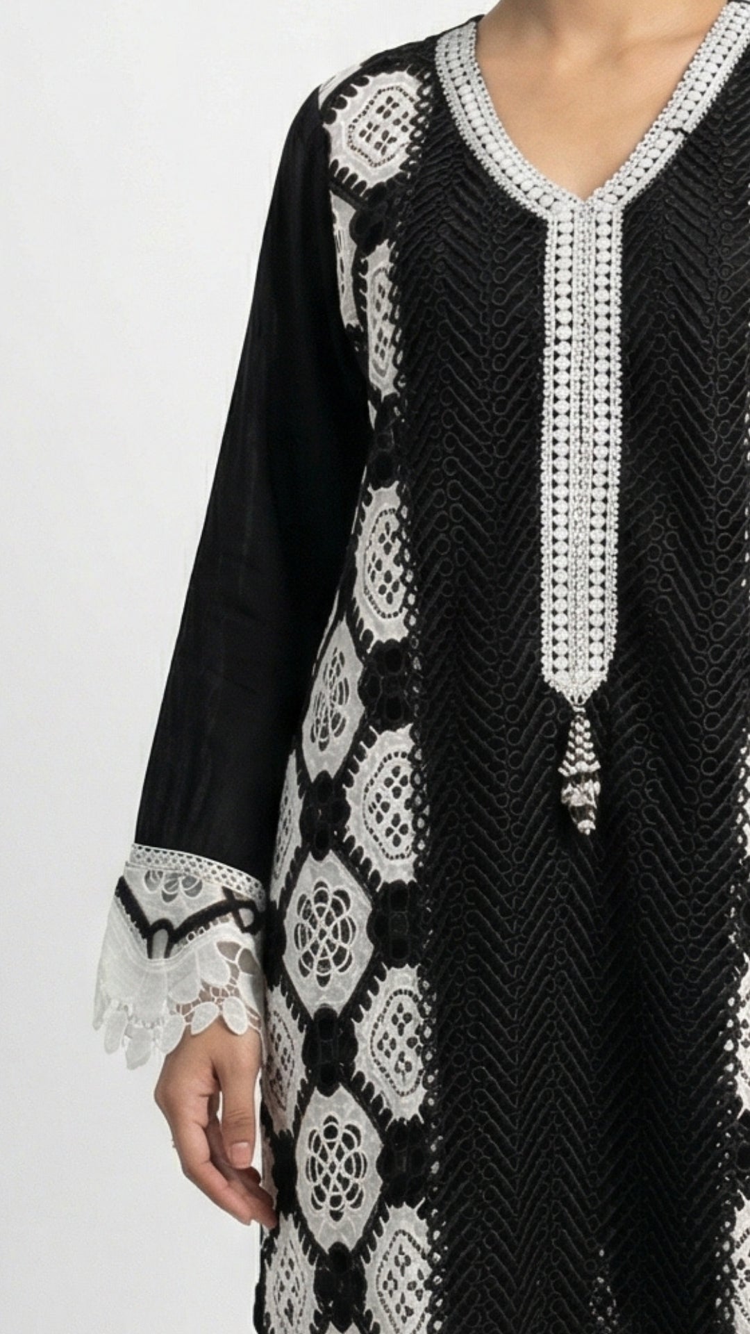 Black Muslin Set with Stone & Lace Detailing