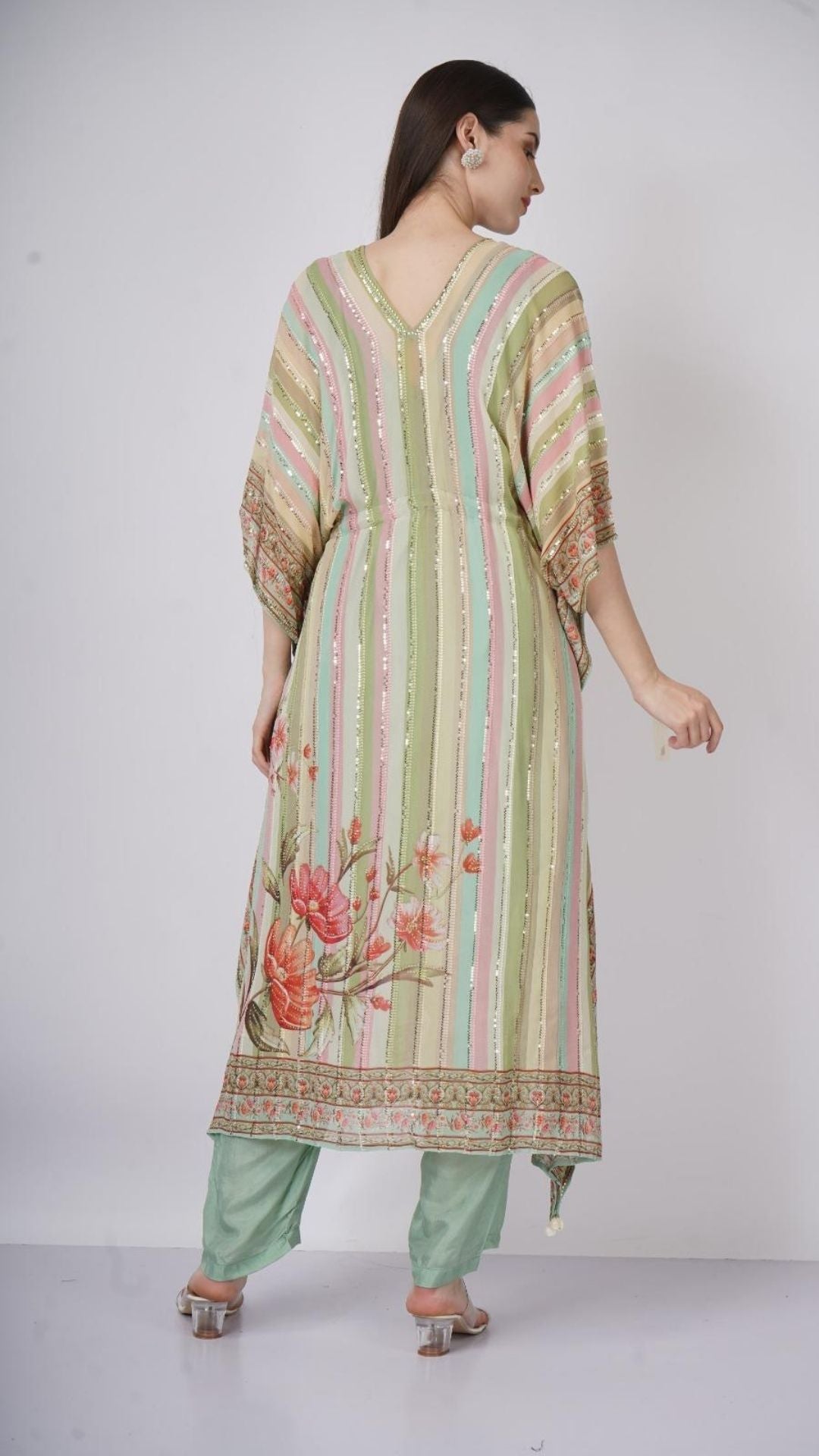 Multicolor Green Georgette Kaaftan with Mirror and Sequins Work