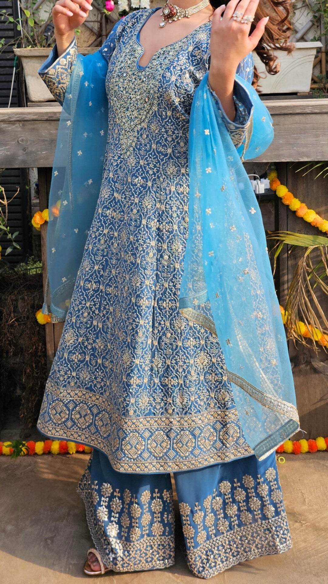 Blue Georgette Indo-Western with Zari, Sequin, Stone & Mirror Work