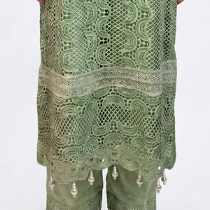 Green Muslin Cutwork lace and  Pearl Sequins