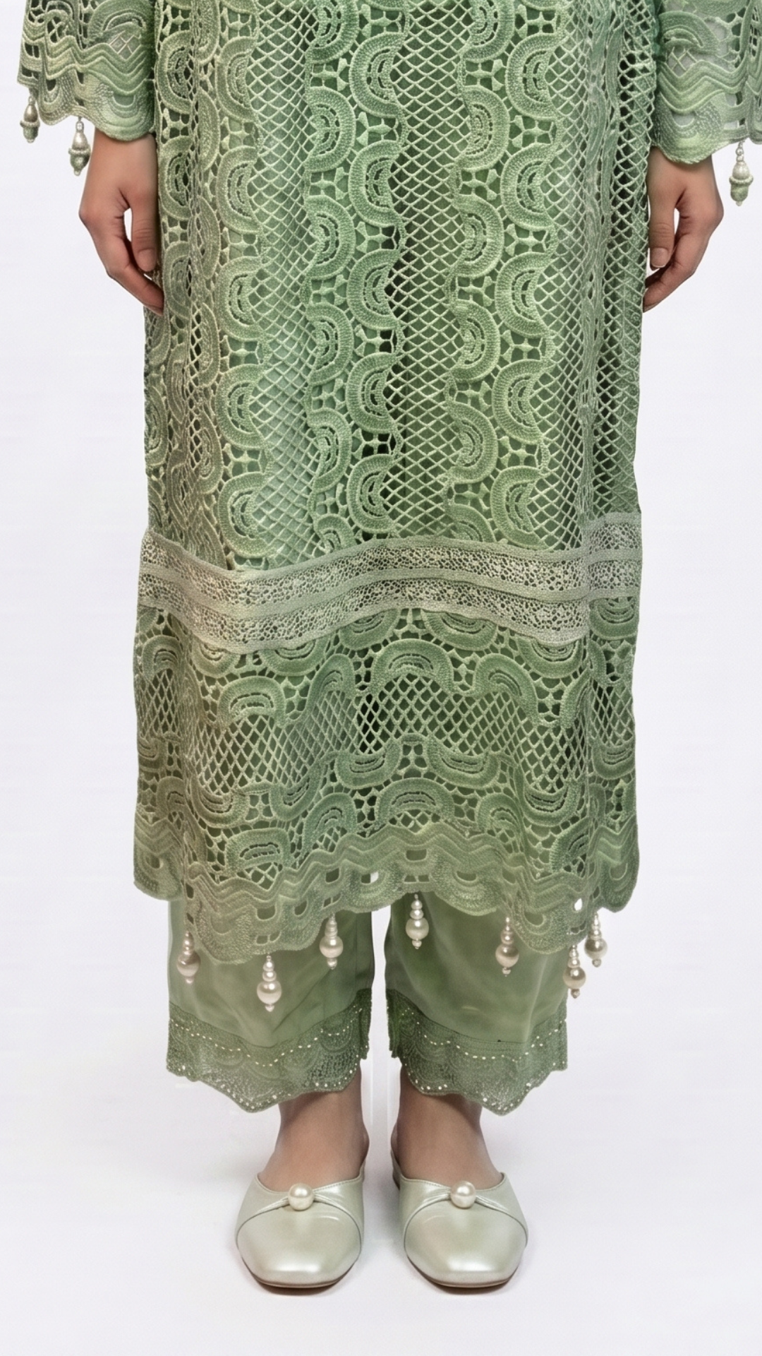 Green Muslin Cutwork lace and  Pearl Sequins