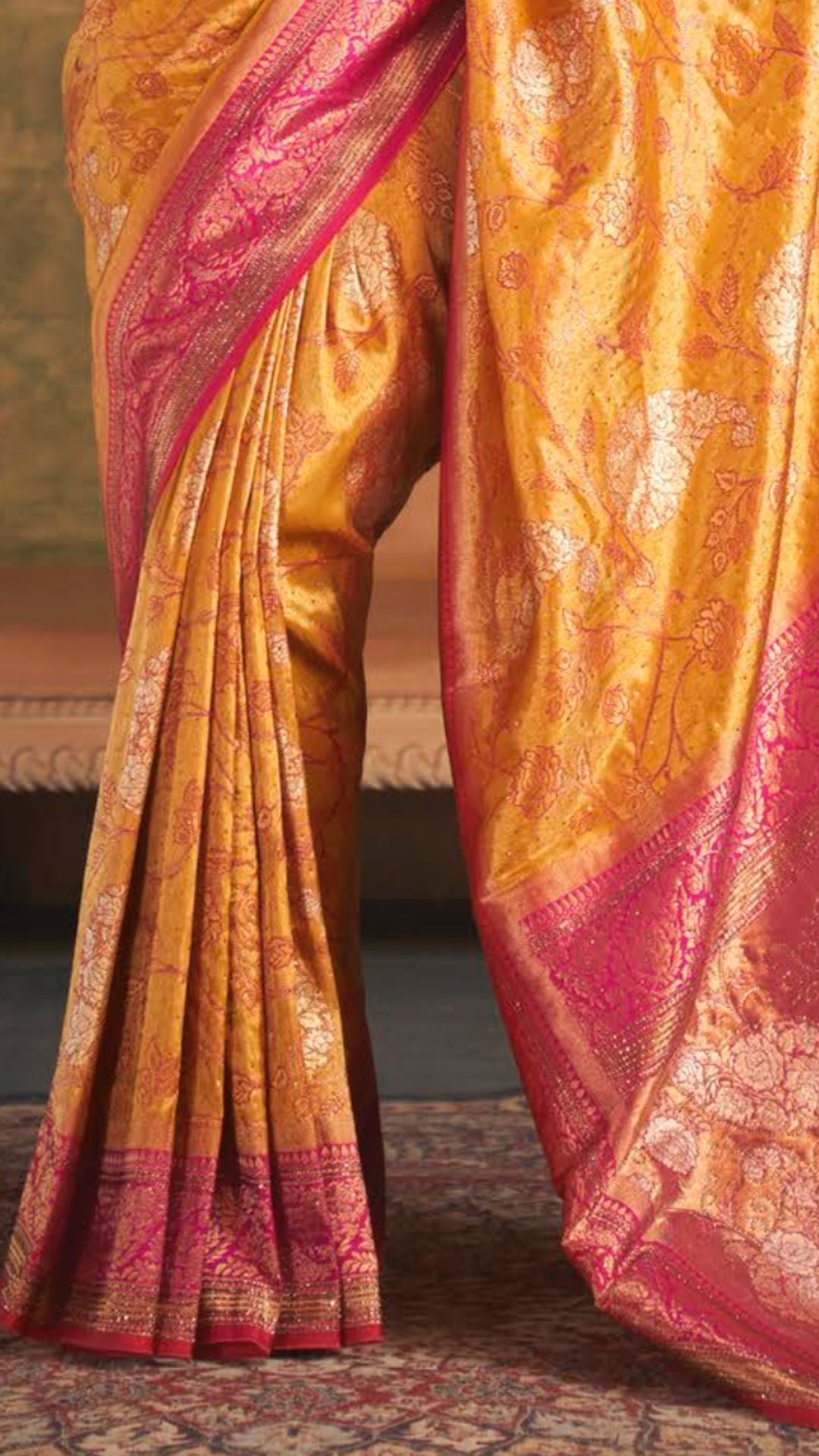Pink and Mustard Kanjivaram Silk Saree with Swarovski Work