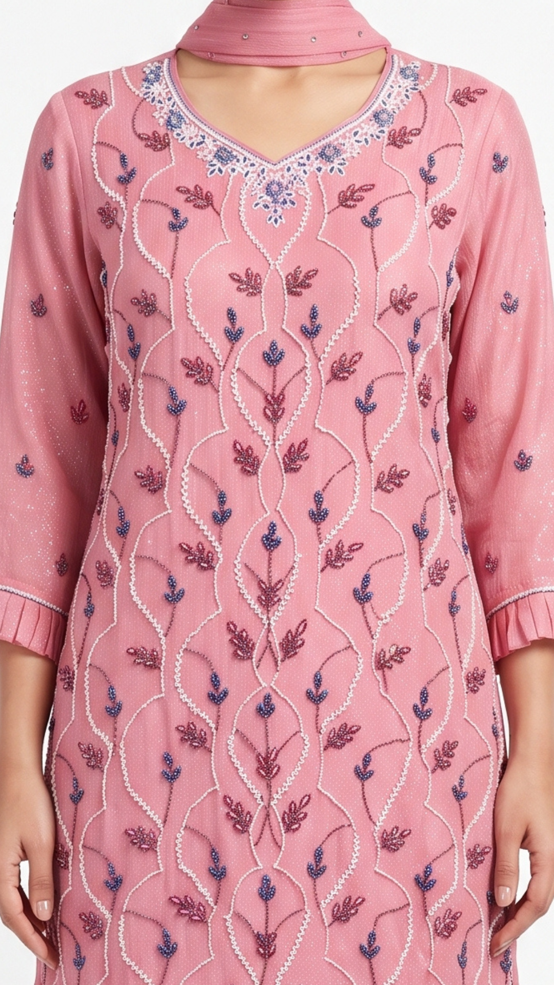 Pink Chinon Fabric Cutdana & Thread work Sequins