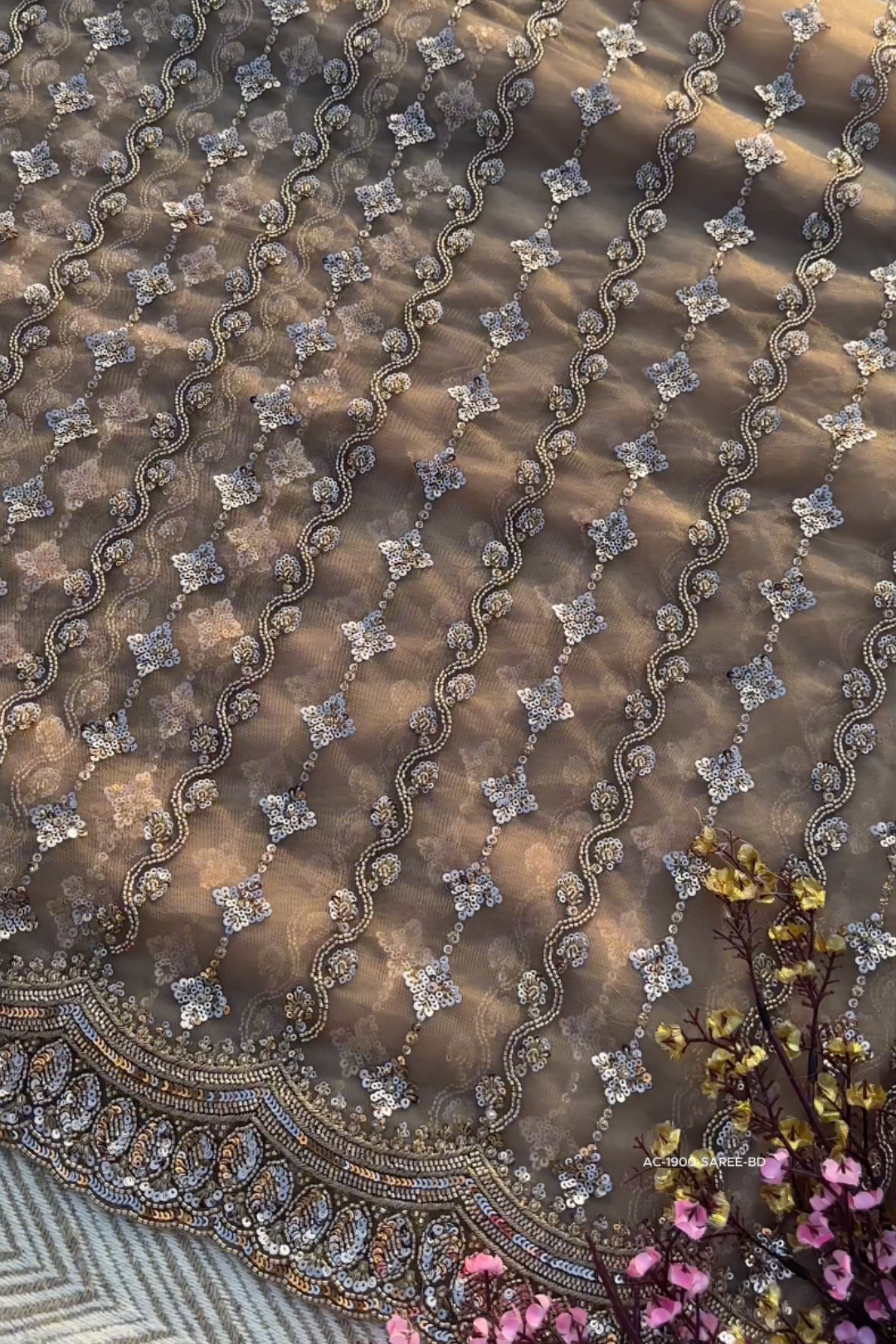 Golden Net Saree Embellished With Cutdana & Sequins Work
