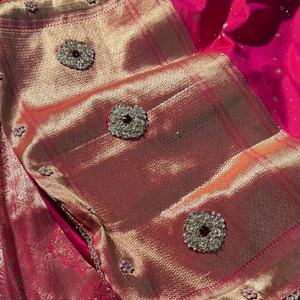 Rani Banarasi Silk Unstitched Saree with Dupatta Embellished with Thread & Stone Work