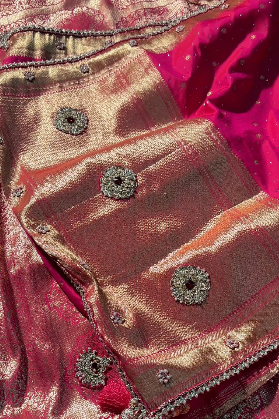 Rani Banarasi Silk Unstitched Saree with Dupatta Embellished with Thread & Stone Work