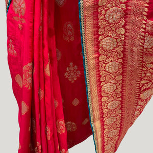 Red Banarasi Silk Saree with Stitched Blue Blouse and Weaving Work