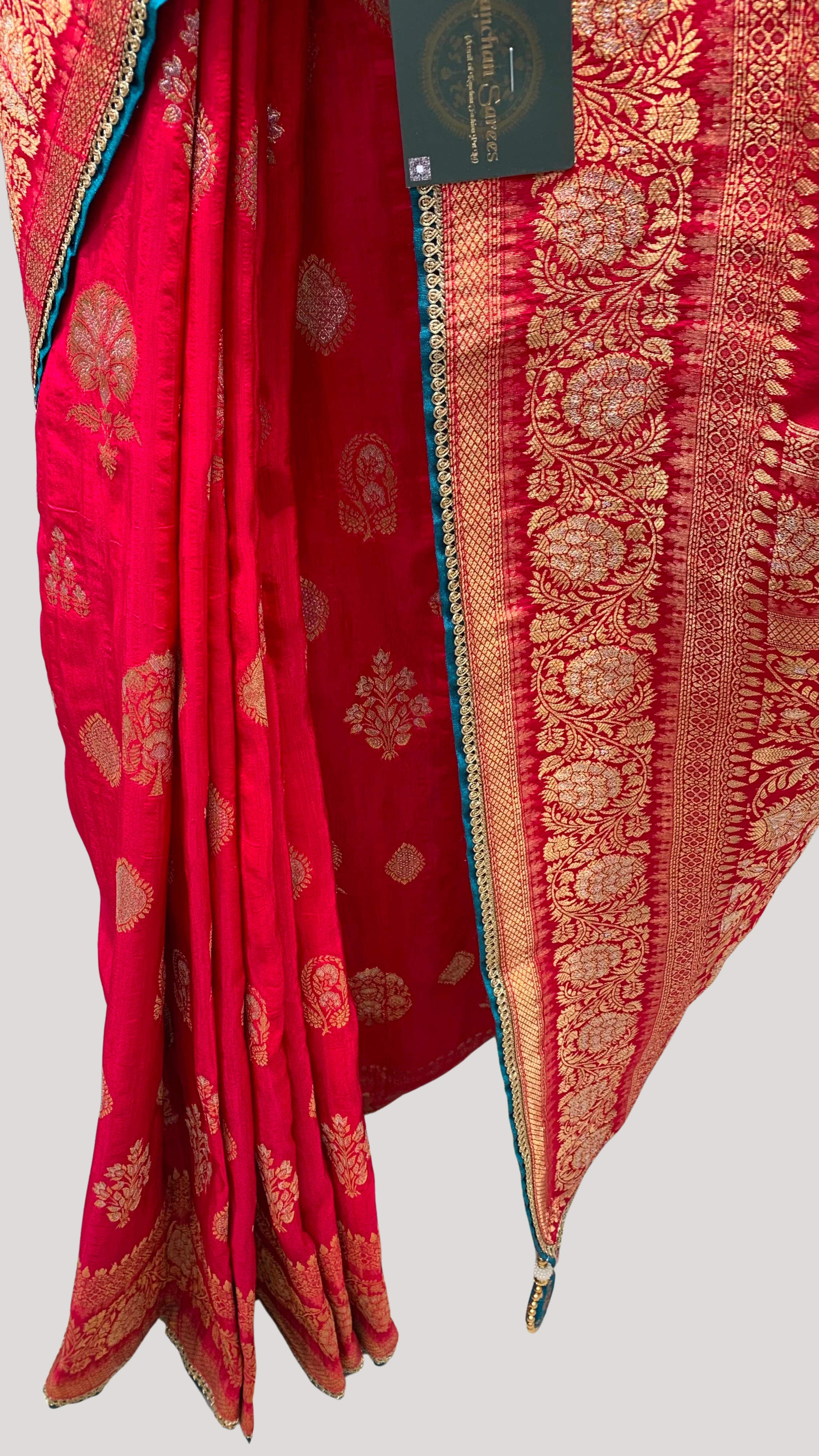 Red Banarasi Silk Saree with Stitched Pink Blouse and Weaving Work