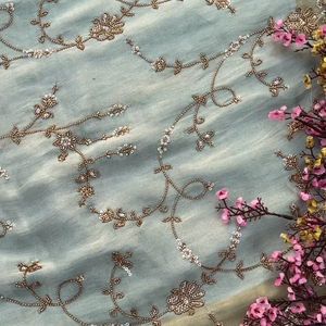 Sky Blue Tissue Unstitched Saree Embellished With Sequins, Cutdana, Moti & Stone Work