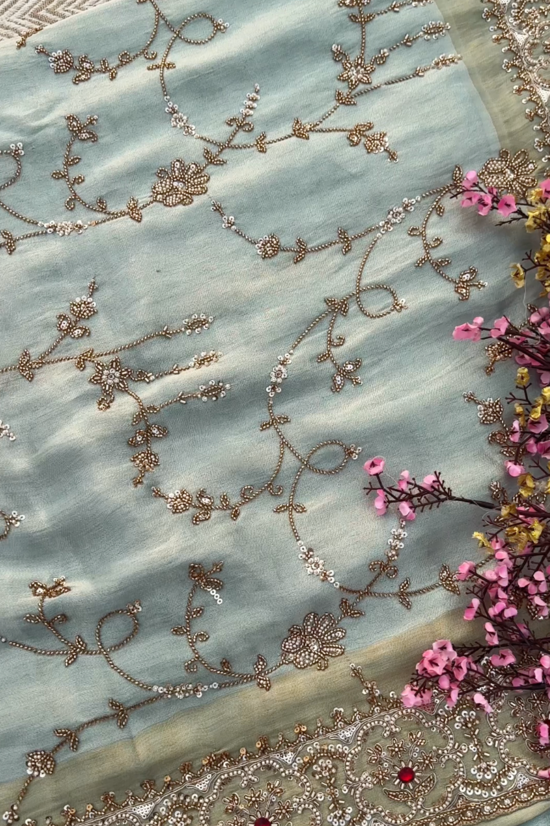 Sky Blue Tissue Unstitched Saree Embellished With Sequins, Cutdana, Moti & Stone Work