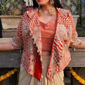 Rust Crepe Saree Sculpt with Blouse Jacket & Zari, Sequin, Stone, Moti Work