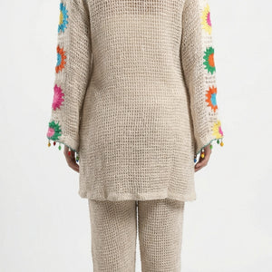 Beige Jute Coord Set with Crosia Detailing