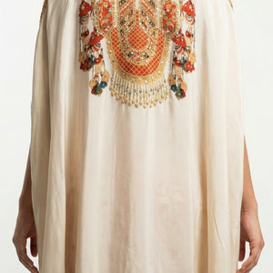 Beige & Red Digital Printed Crepe Top & Skirt with Cape Embellished with Moti, Sequins & Sippi