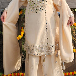 Cream Tissue Indo-Western with Mirror & Zari Work