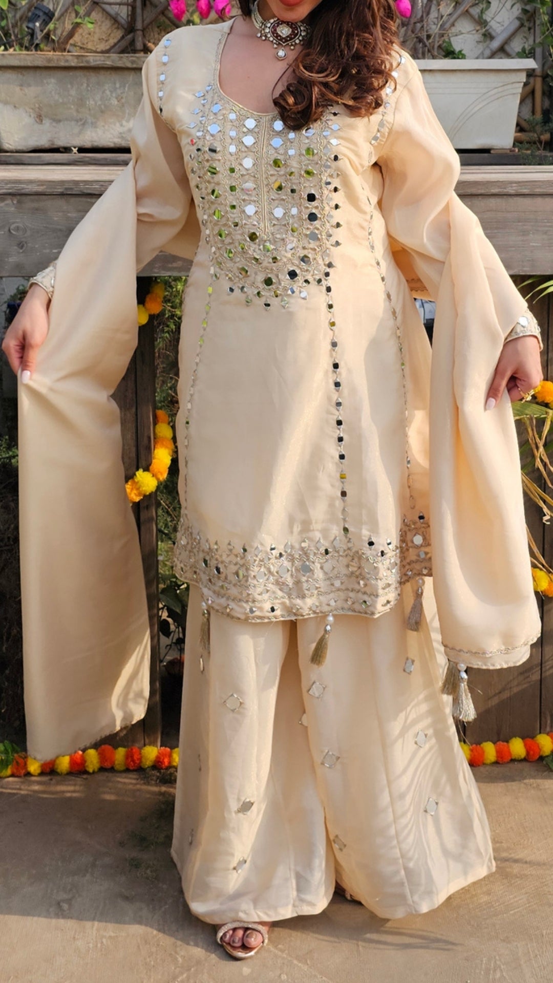 Cream Tissue Indo-Western with Mirror & Zari Work