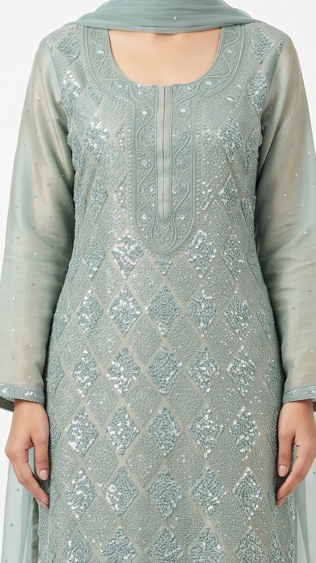 Seafoam green Tissue Fabric Hand work Sequins