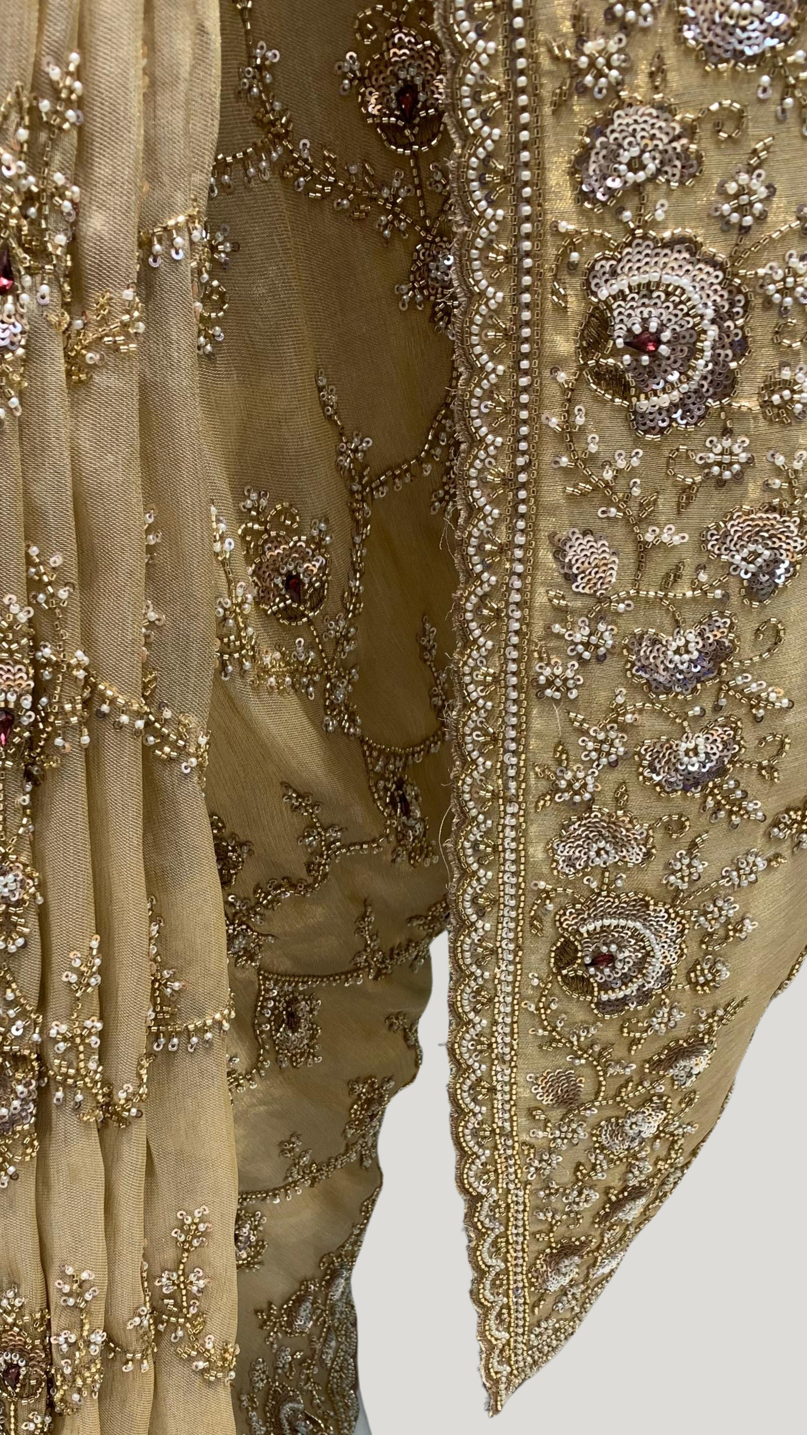 Golden Tissue Saree With Moti, Cutdana & Sequins Work