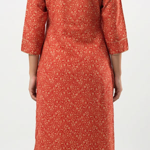 Red Muslin Cotton Block & Gold Print Suit with Dabka, Seqiuns & Gota Patti Detailing