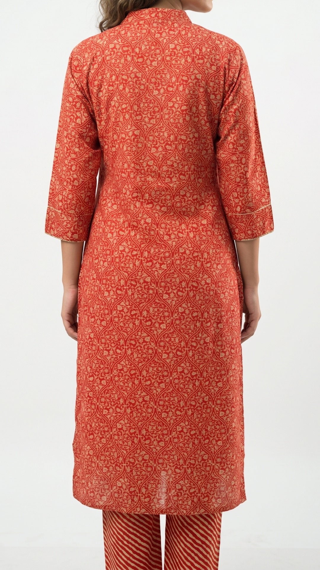 Red Muslin Cotton Block & Gold Print Suit with Dabka, Seqiuns & Gota Patti Detailing