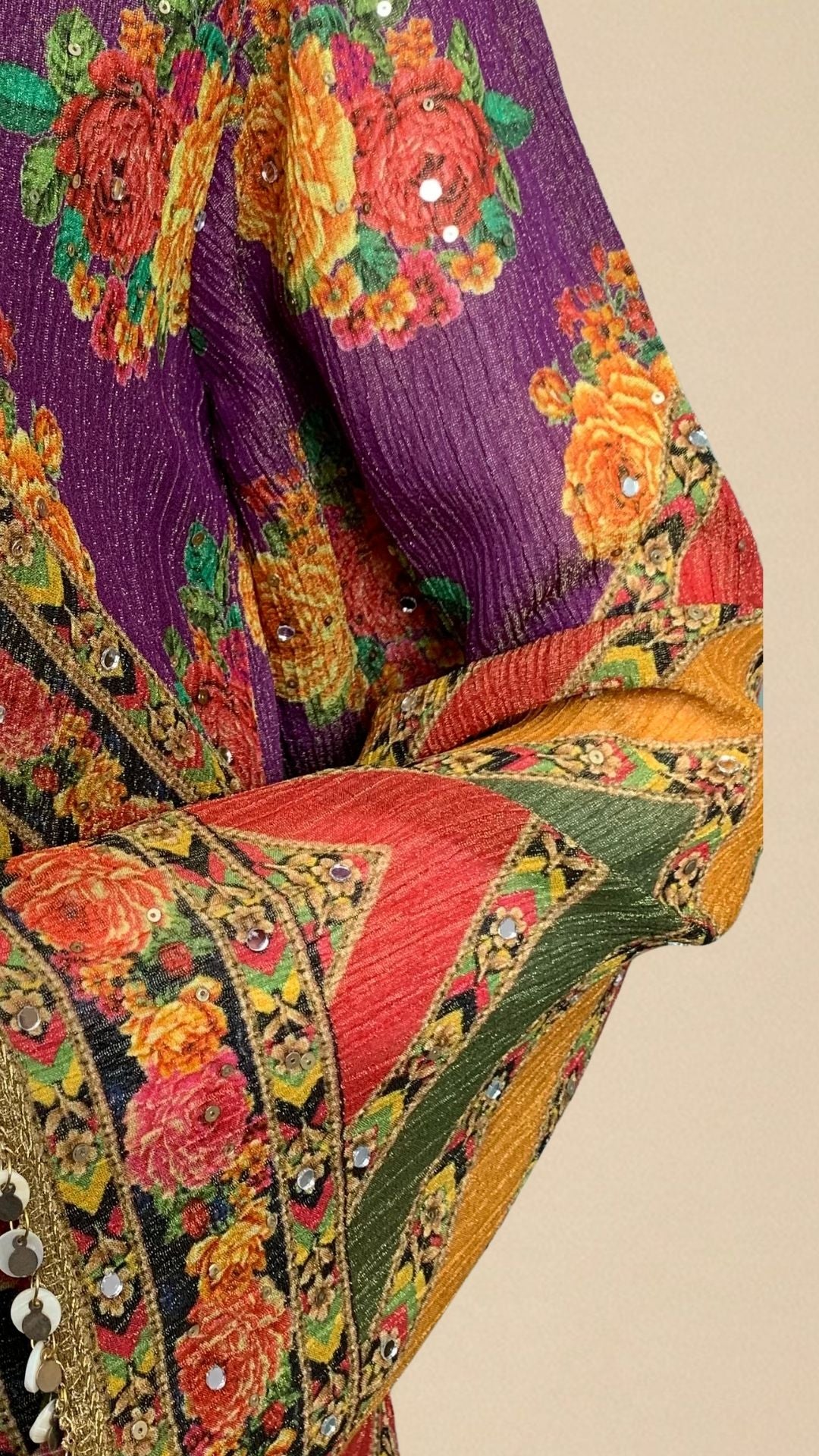 Purple Wrinkle Tissue Digital Printed Suit with Mirror Detailing and Palazzo