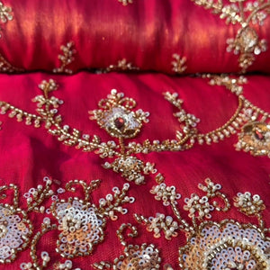 Red Tissue Saree With Moti, Cutdana & Sequins Work