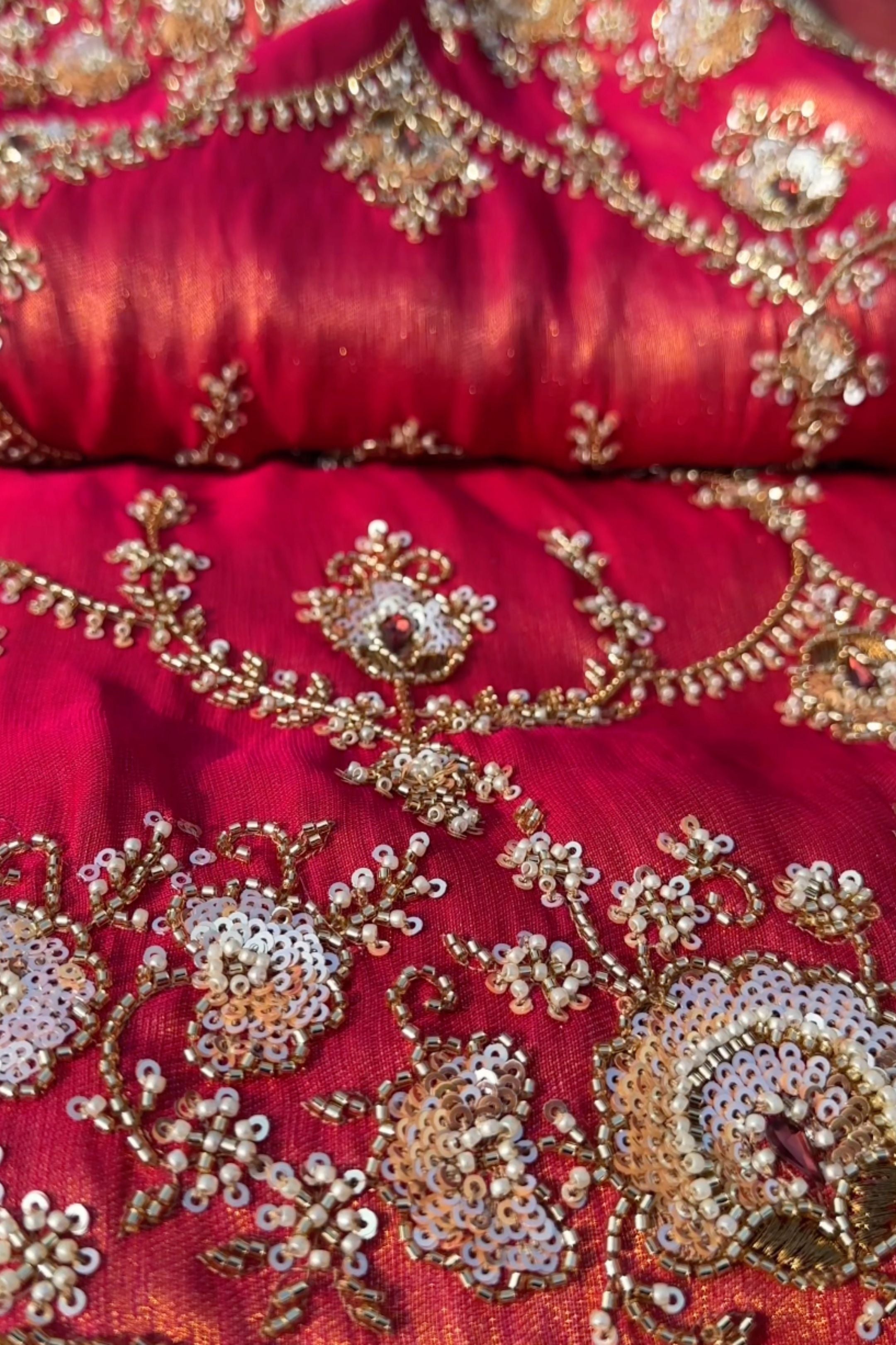 Red Tissue Saree With Moti, Cutdana & Sequins Work