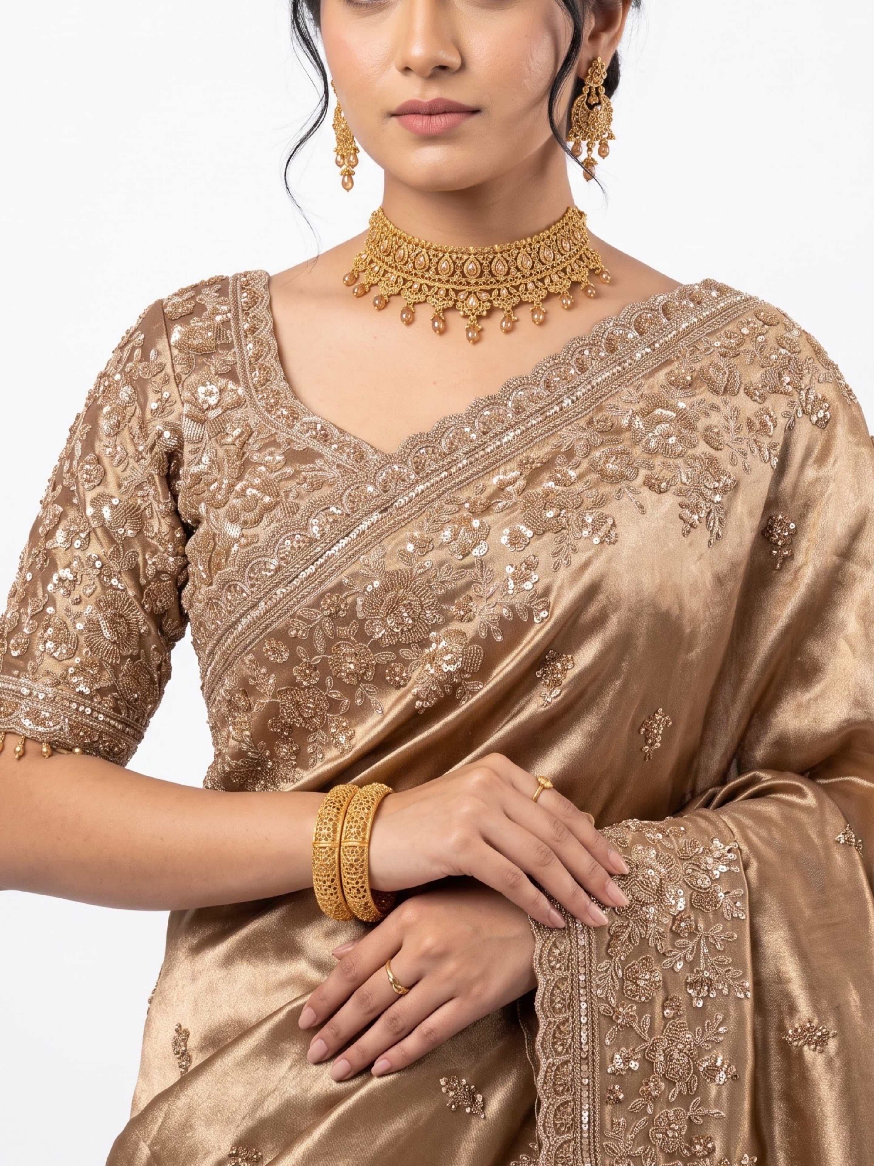 Golden Tissue Saree Embellished With Cutdana, Sequins, Pearl & Zari Work