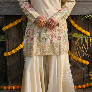 Cream Tissue Indo-Western with Dabka, Cutdana, Zari, Sequin & Resham Work