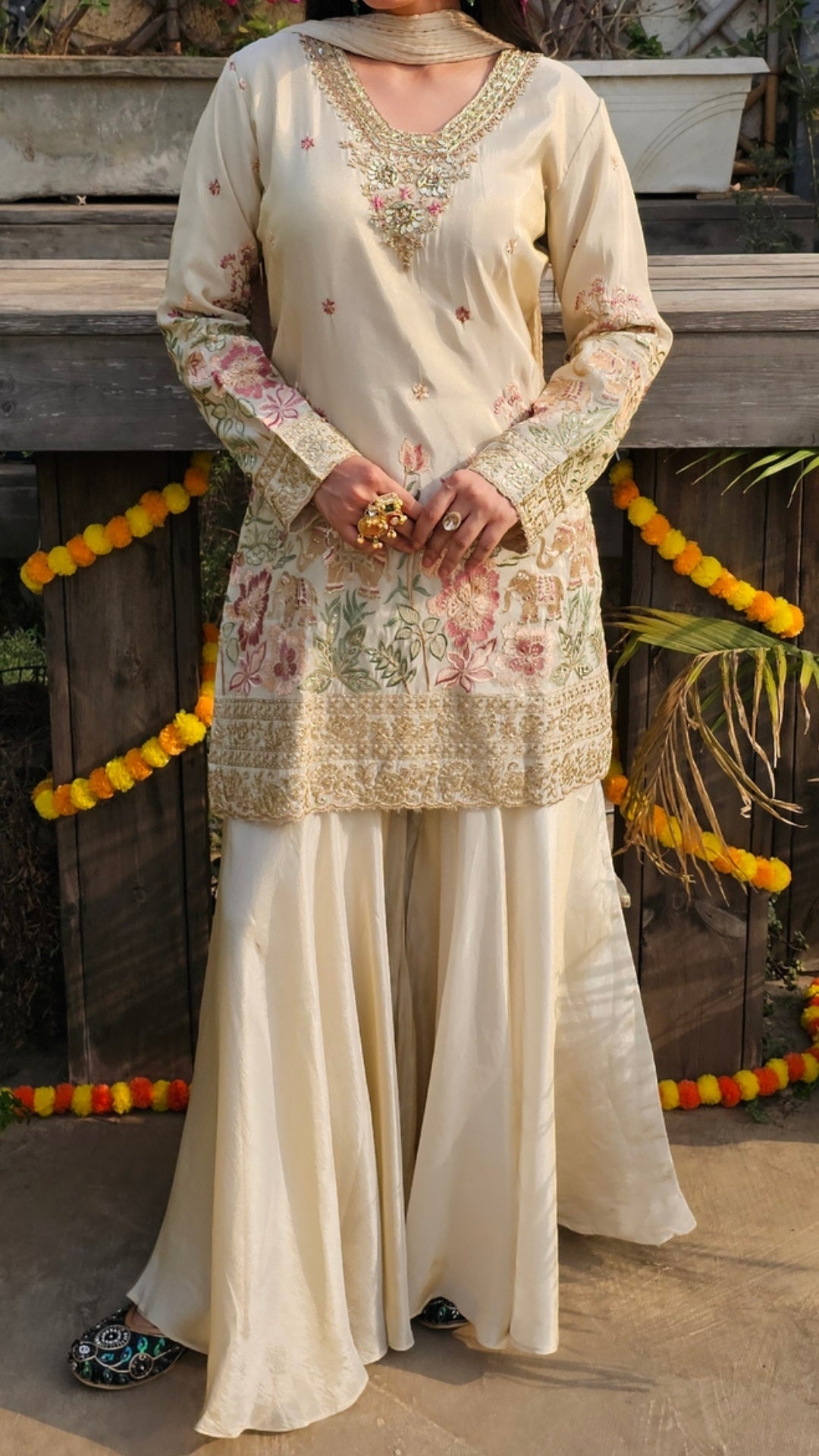 Cream Tissue Indo-Western with Dabka, Cutdana, Zari, Sequin & Resham Work