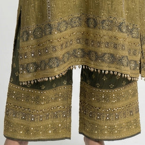Olive Gold Wrinkle Tissue Set with Digital Print & Mirror Detailing