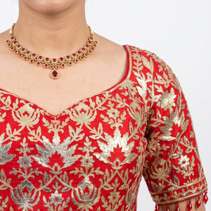 Beautiful Red Raw Silk Saree Trimmed With Leather Patch Work