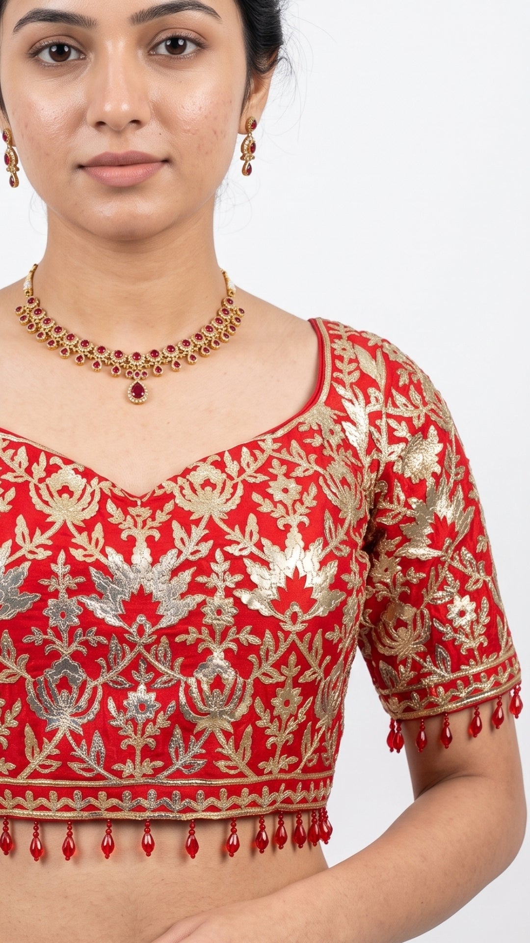 Beautiful Red Raw Silk Saree Trimmed With Leather Patch Work
