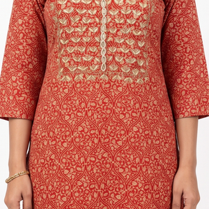 Orange muslin And Gold Print Gota Cutdana Moti Sequins