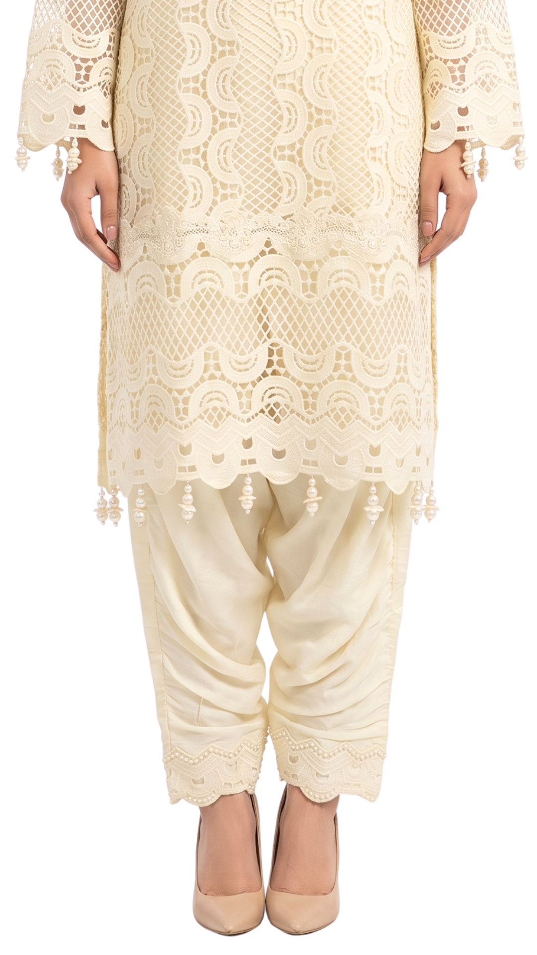 Off White  Muslin Cutwork lace and  Pearl Sequins