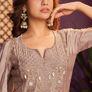 Ash Beige Chinon Suit, Sharara And Dupatta with Zari, Cutdana, Sequins and Mirror Work