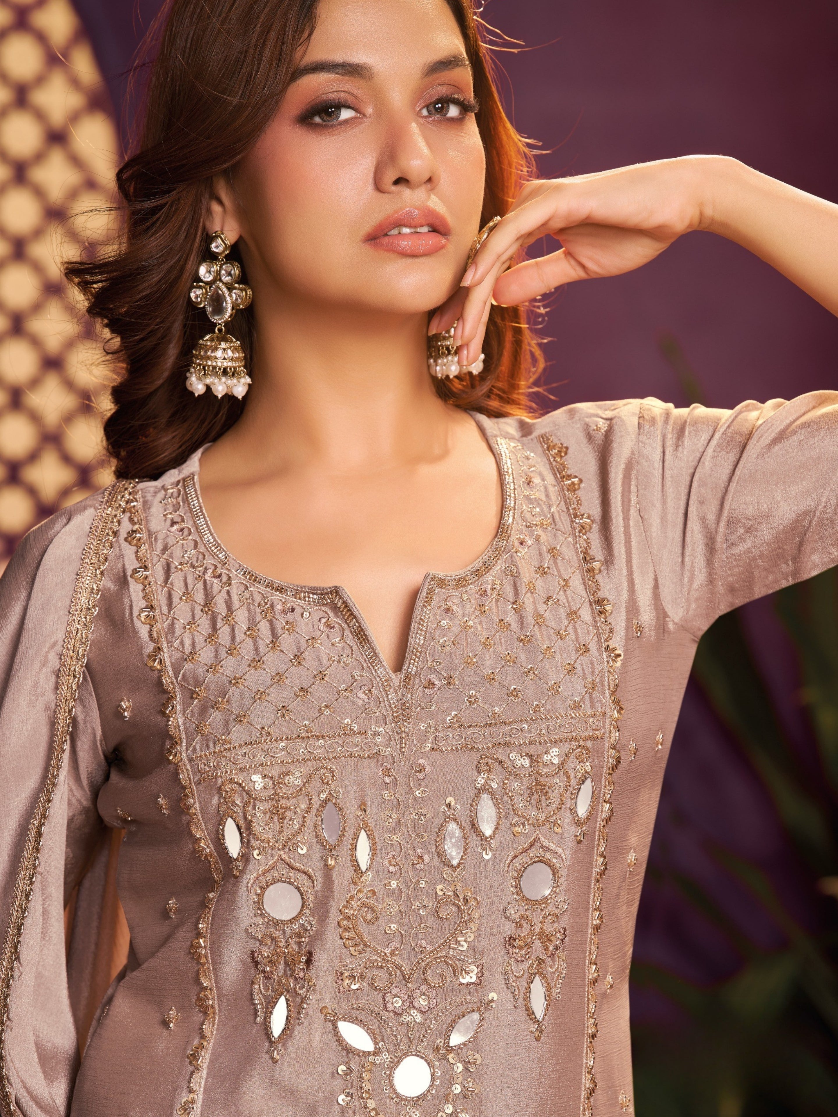 Ash Beige Chinon Suit, Sharara And Dupatta with Zari, Cutdana, Sequins and Mirror Work
