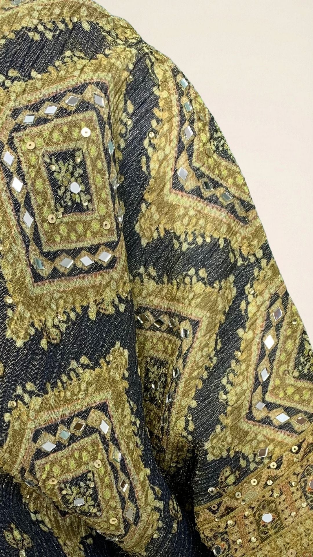 Navy Blue Wrinkled Tissue Digital Printed Kaaftan with Mirror Detailing and Gharara