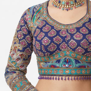 Navy Blue Chinon Ready Made Saree Embellished With Zari, Stone, Mirror & Chandla Work