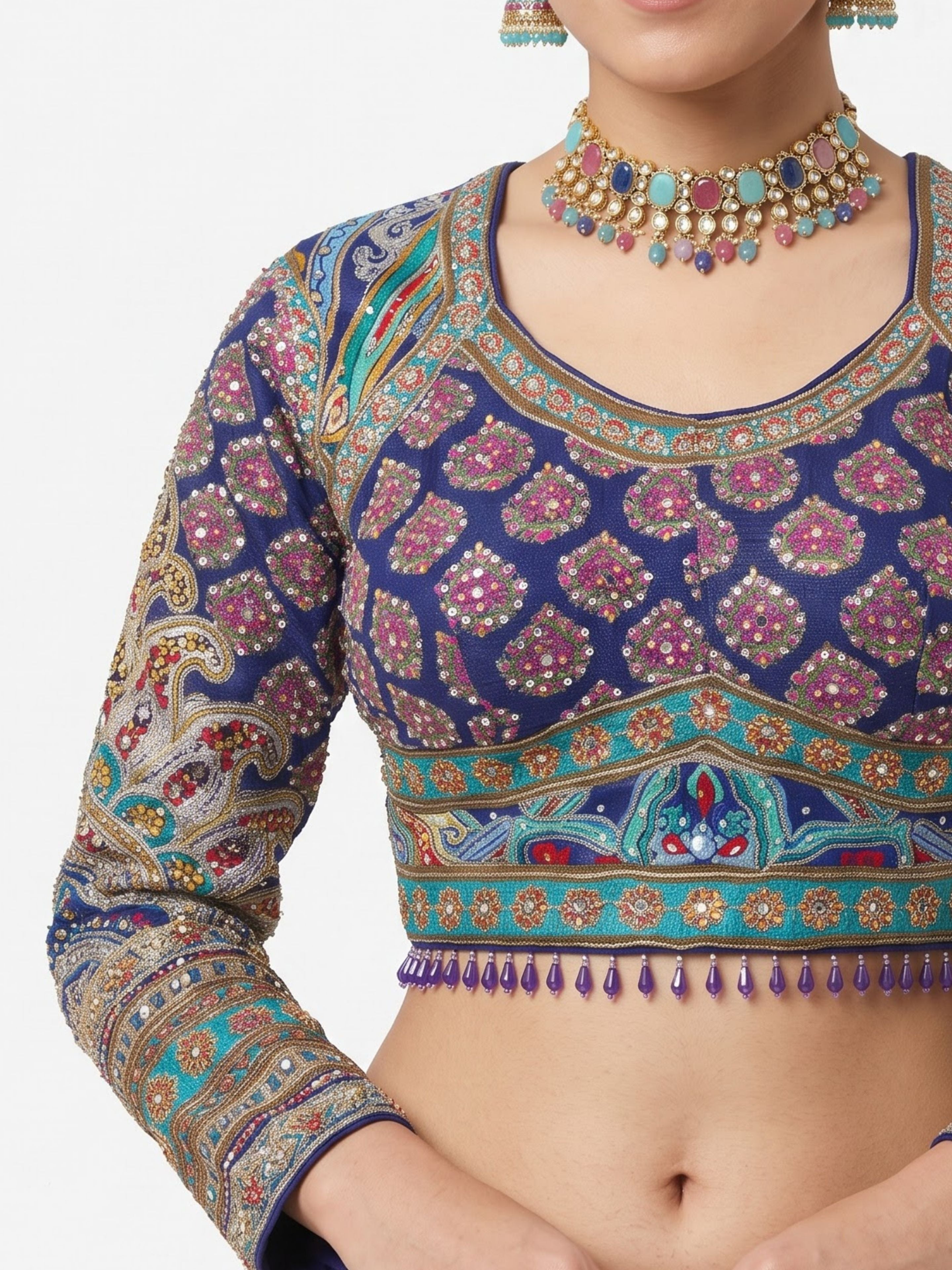 Navy Blue Chinon Ready Made Saree Embellished With Zari, Stone, Mirror & Chandla Work