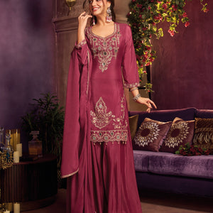 Cherry Red Chinon Suit Embellished With Cutdana, Sequins & Mirror Work